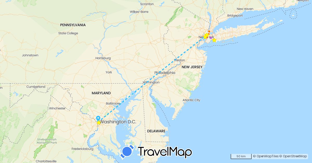 TravelMap itinerary: driving, boat, d1 caminar, d2 caminar, d3 caminar, d4 caminar, d5 caminar, d7 caminando, d8 caminando in United States (North America)
